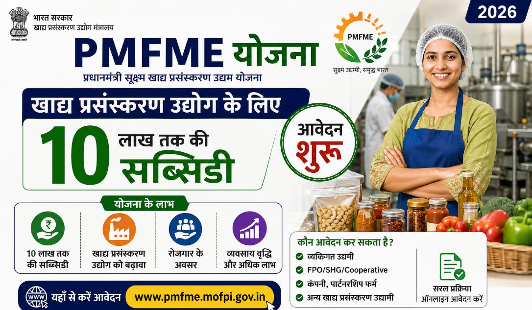 PMFME योजना 2026: खाद्य प्रसंस्करण (Food Processing) उद्योग के लिए 10 लाख तक की सब्सिडी, ऑनलाइन आवेदन और पूरी जानकारी