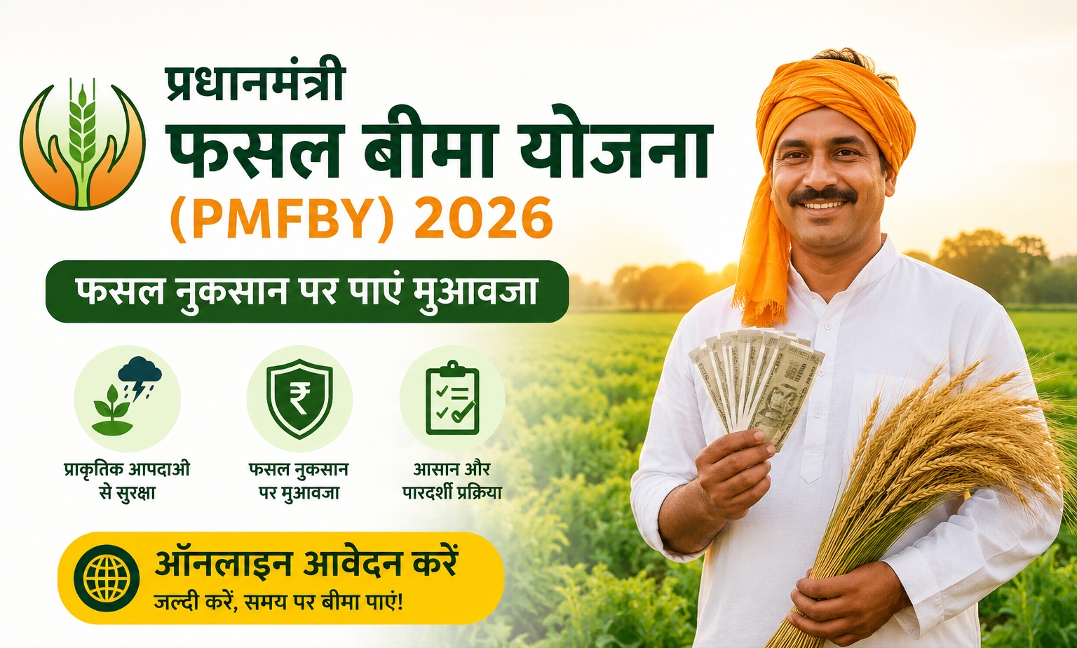 प्रधानमंत्री फसल बीमा योजना (PMFBY) 2026: प्राकृतिक आपदा से फसल नुकसान पर पाएं 100% मुआवजा, ऑनलाइन आवेदन, प्रीमियम और क्लेम की पूरी जानकारी (विस्तृत)