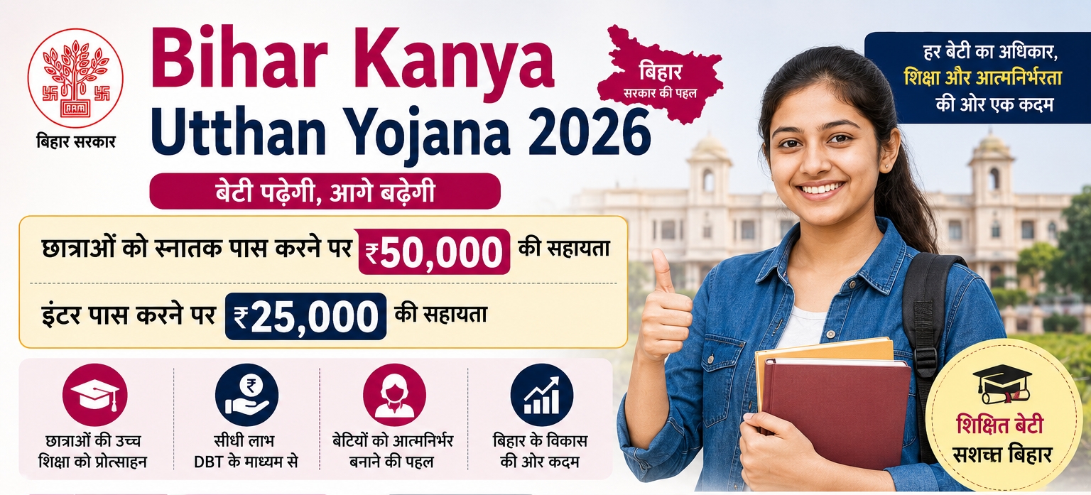 Bihar Kanya Utthan Yojana 2026: छात्राओं को स्नातक पास करने पर ₹50,000 और इंटर पर ₹25,000 की नकद सहायता, ऑनलाइन आवेदन और पूरी जानकारी