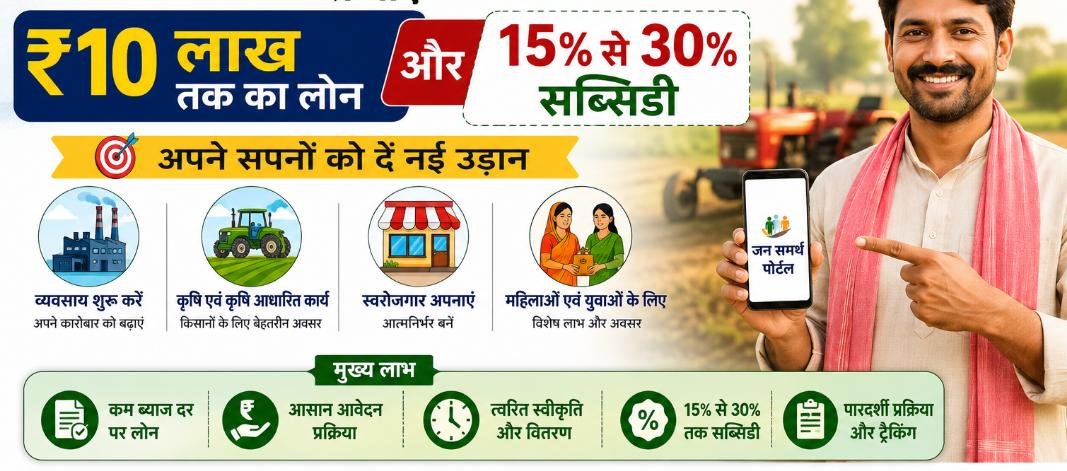 Jan Samarth Portal Loan 2026: जन समर्थ पोर्टल से पाएं ₹10 लाख तक का लोन और 15% से 30% सब्सिडी, जानें ऑनलाइन आवेदन की पूरी प्रक्रिया